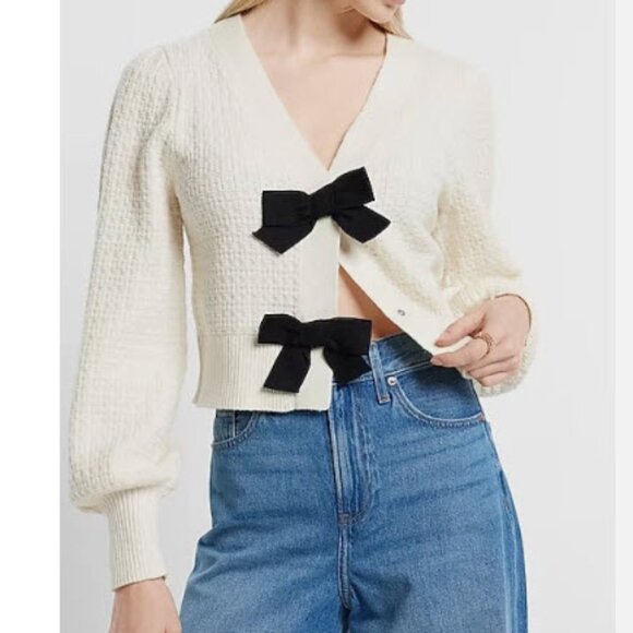 Express Textured Puff Sleeve Cardigan with Bow Detail Cream Size XL - Picture 1 of 6
